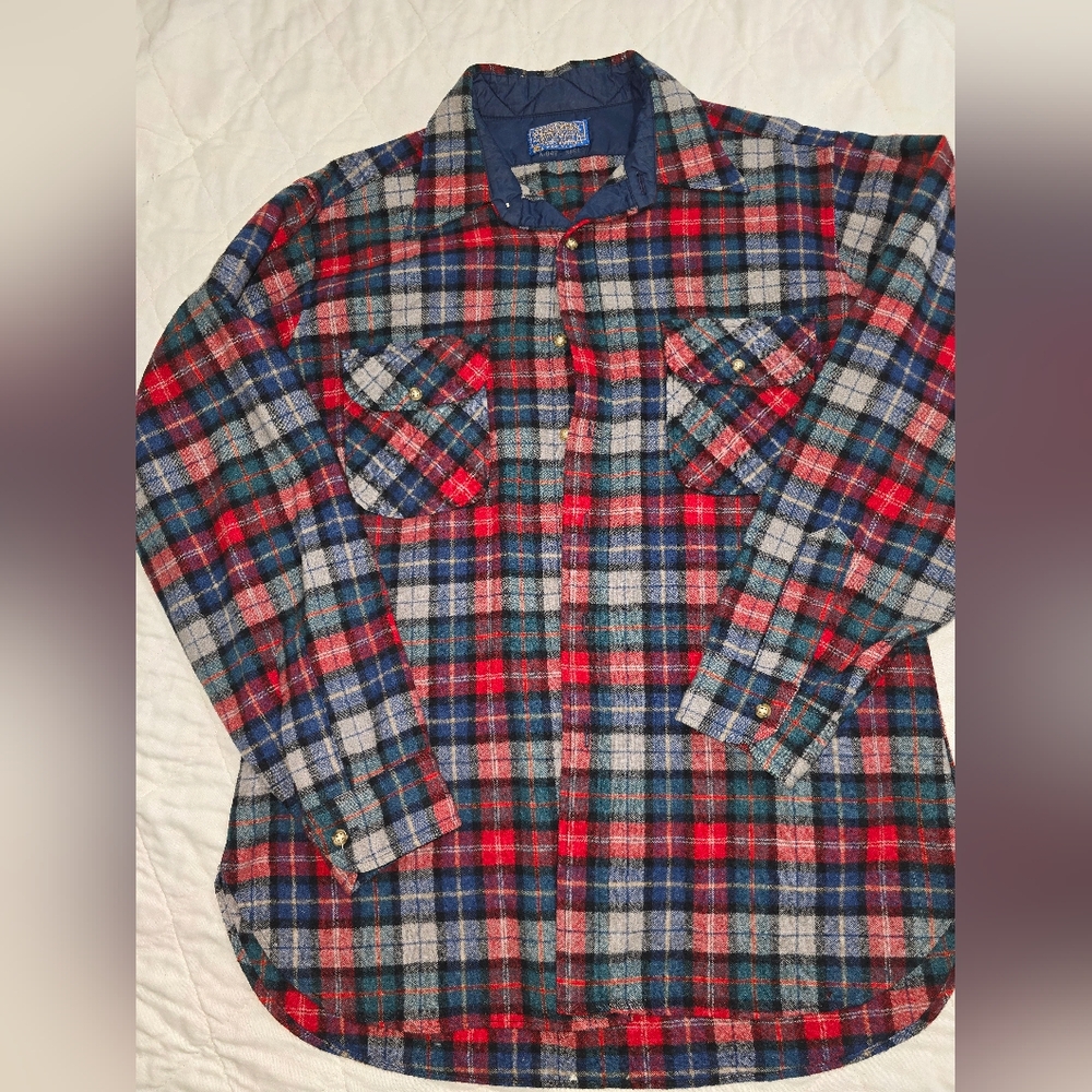 vintage Pendleton Wool Plaid Quilted Lined Flannel Shirt Jacket Shacket L